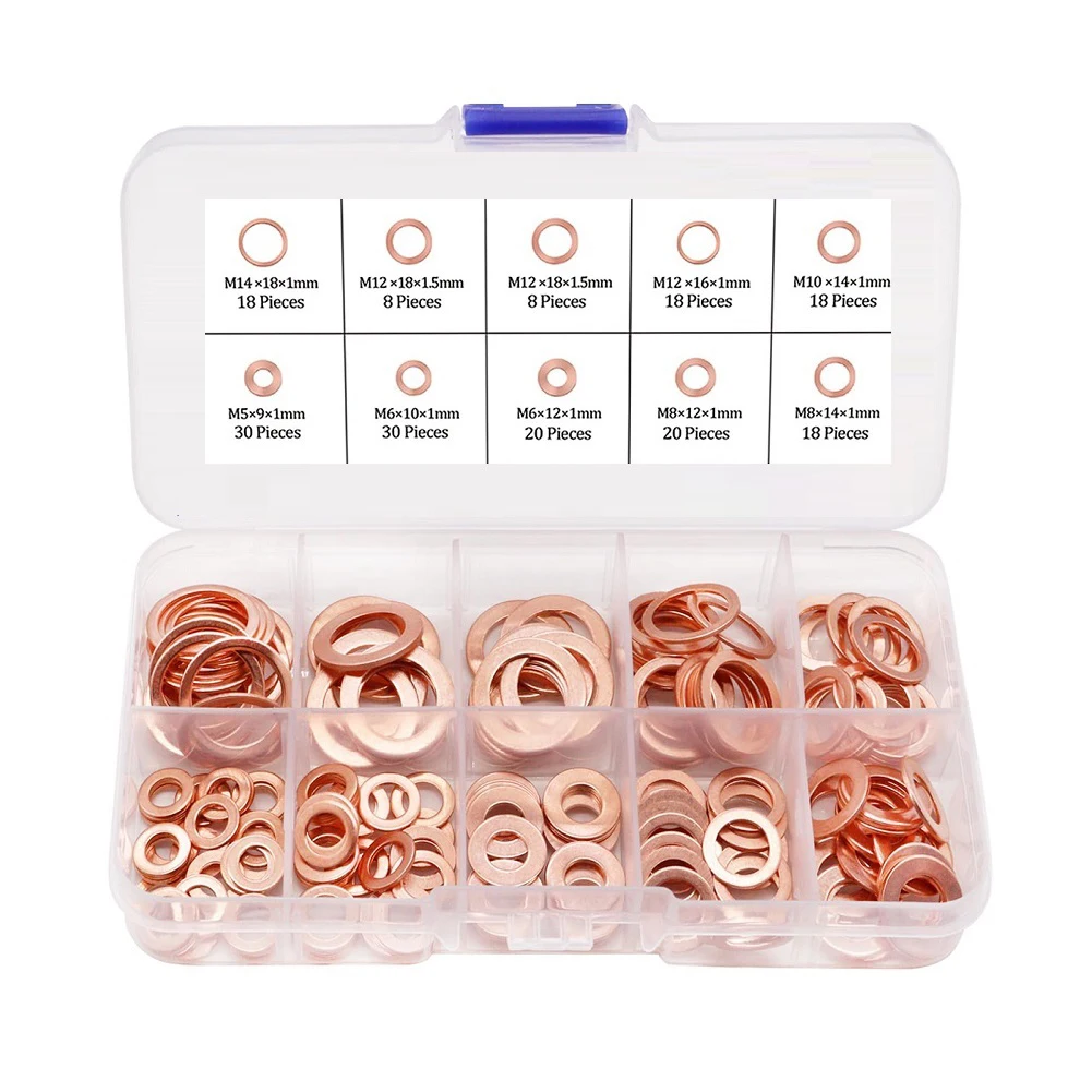 

188pcs Washer Flat Ring Sealing Washer 9-18mm Metric Copper Washer Assortment Kit For Home Improvement Fixing Hardware Parts