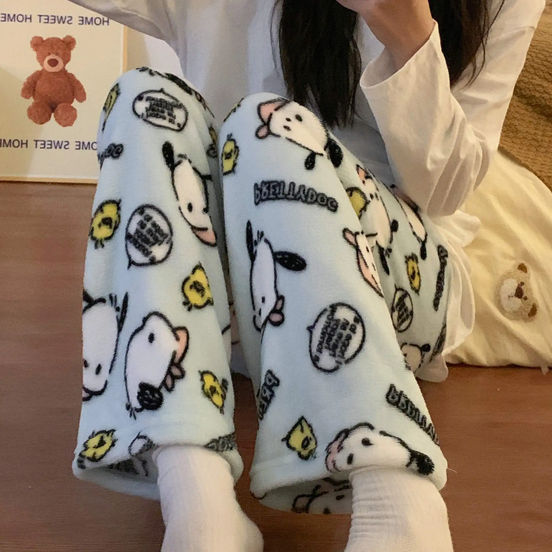 

Pochacco фланелевые пижамные женские штаны Hello Kitty осень-зима пушистые мягкие домашние штаны для девочек толстые теплые домашние спальные штаны