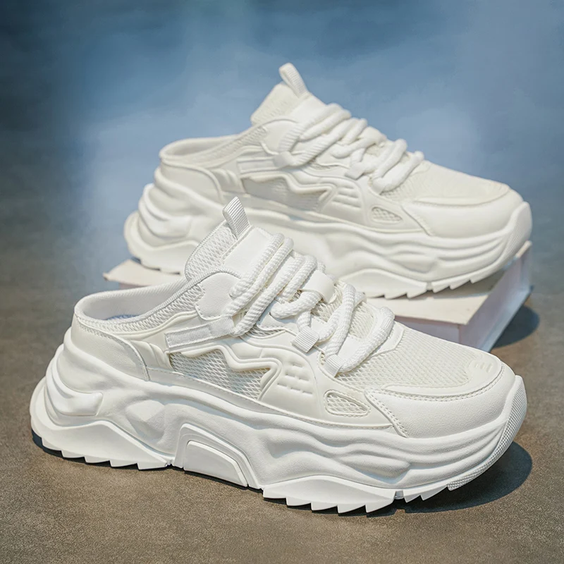 

Men's Summer 2026 New Breathable Mesh Upgraded Dad Shoes Casual Sports Half Slippers Versatile White Sneakers Thick Bottom