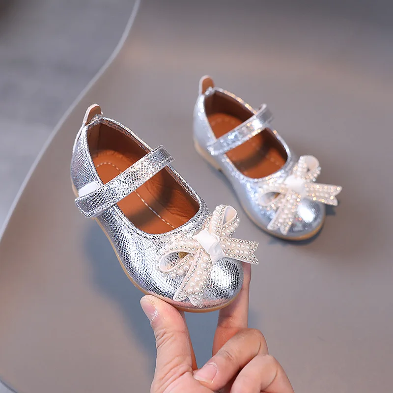 

Girl Princess Glitter Leather Shoes Pearl Bowknot Children Ballet Flat Elegant Party Wedding Toddler Kids Causal Mary Jane Shoes