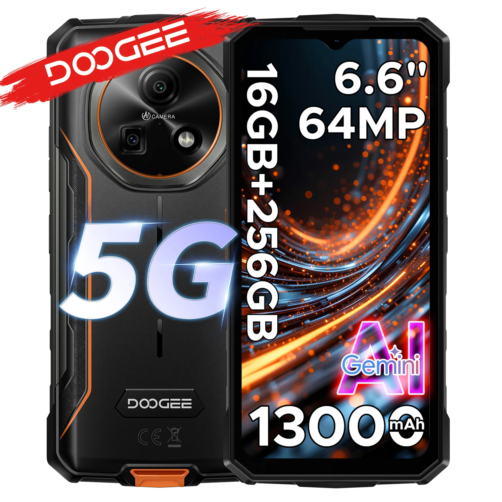 DOOGEE Fire 7 5G Handy - Robustes Smartphone mit Gemini AI, 16GB RAM (4+12), 256GB Speicher, 13000mAh Akku, Dimensity 6300, NFC, Android 15, 64MP-Kamera