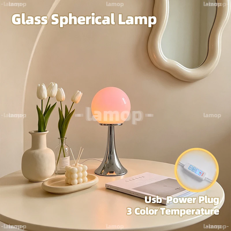 Spherical Shade Glass Table Lamp, Modern Minimalist Sturdy Metal Base, Desktop Ambience Table Lamp for California‑Vibe Study