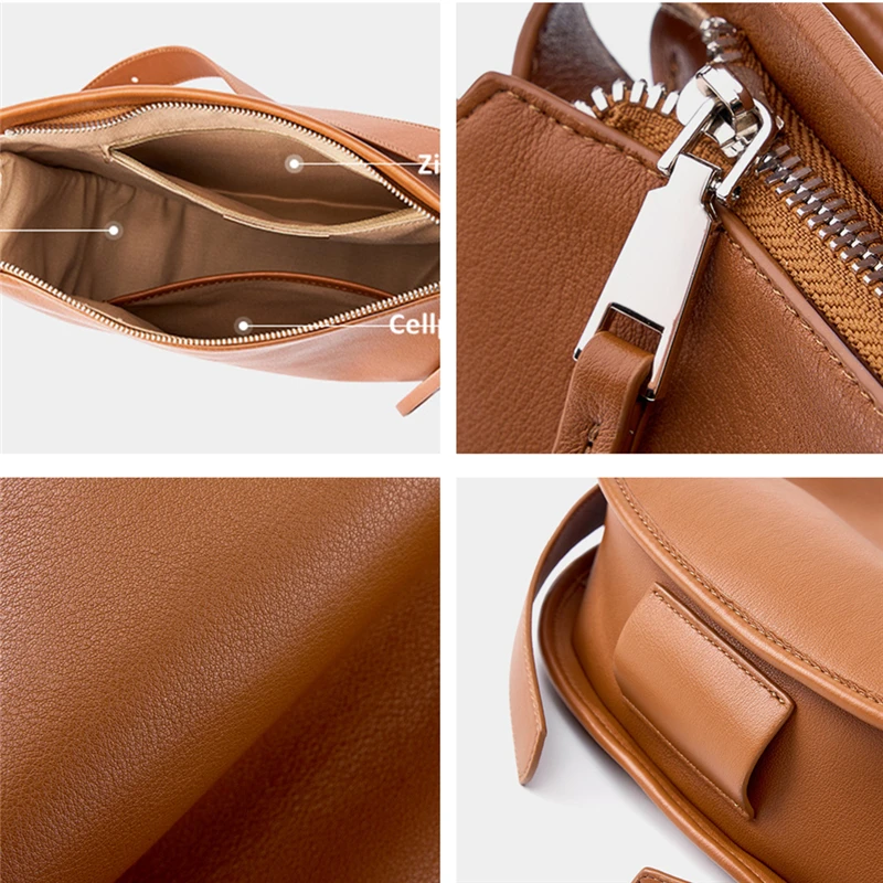BURMINSA Large Genuine Leather Underarm Bag Women Vintage Brown Soft Cowhide Half Moon Hobo Shoulder Bag Work Crossbody Handbags