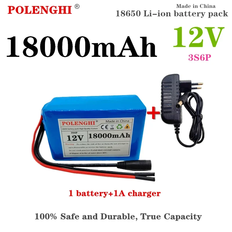 

Real large capacity 3S6P 12V 18000mAh 18650 lithium-ion rechargeable battery pack with built-in intelligent BMS DC12.6V charger