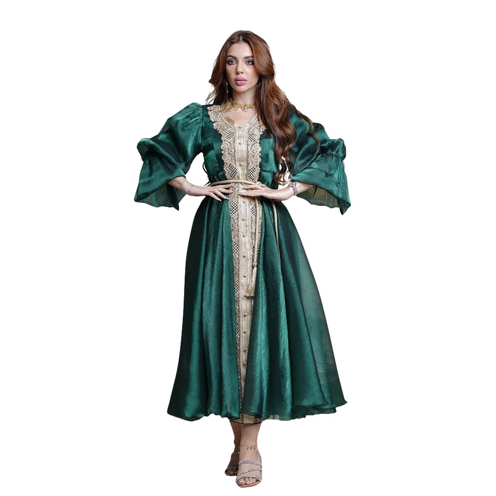 

Middle East Temperament Evening Dress Muslim Turkey Lantern Sleeve Belt Robes Lace Applique Dubai Arabic Dress Abaya