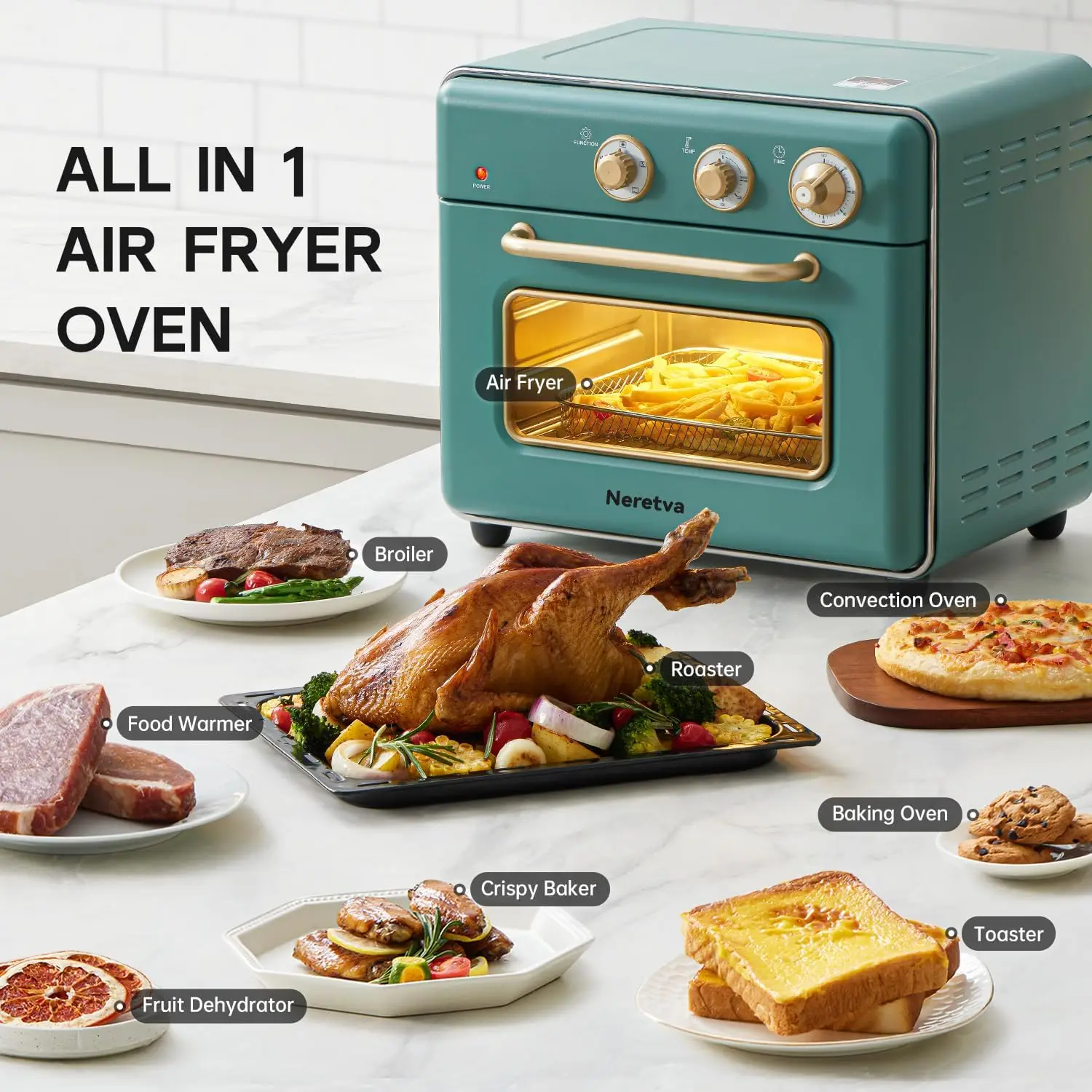 Lucht Friteuse Broodrooster Oven Combo, Bpa Vrije Roestvrijstalen Broodrooster Oven Lucht Friteuse Combo Grotere 21qt & 360 ° Snelle Verwarming Lucht