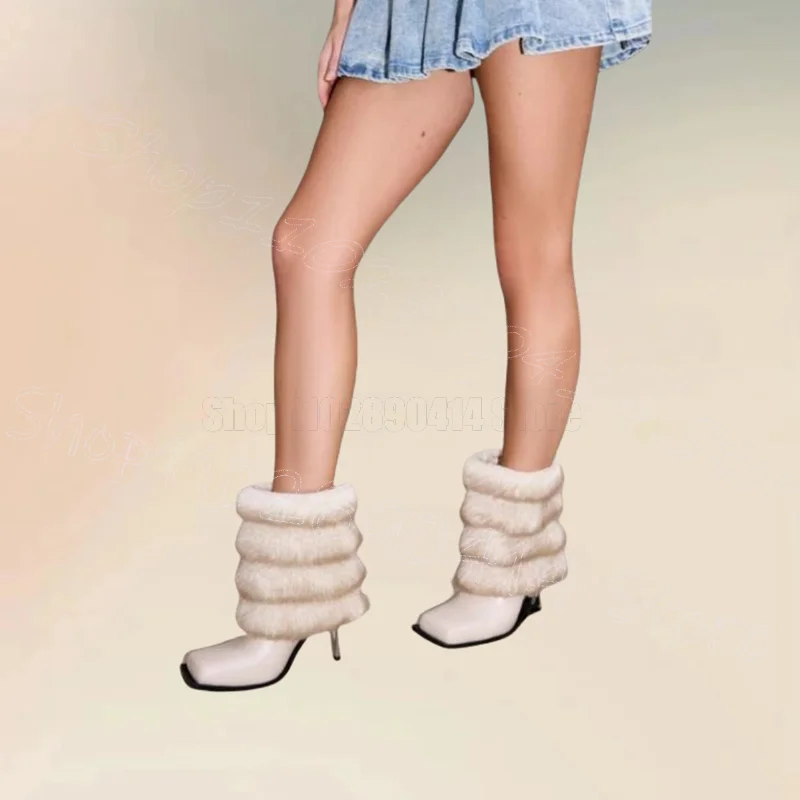 

Beige Stripe Fur Design Square Toe Boots Slip On Women Shoes Thin High Heels Fashion Party Feast Dating 2026 Zapatos Para Mujere