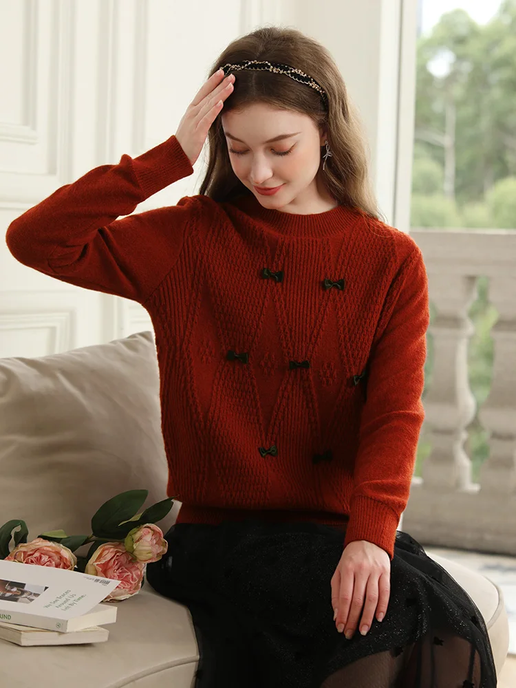 I BELIEVE YOU Red French Gentle Bow Christmas Sweaters For Women Winter 2023 New Loose Sweet Soft Knit Cozy Pullovers 2234125185