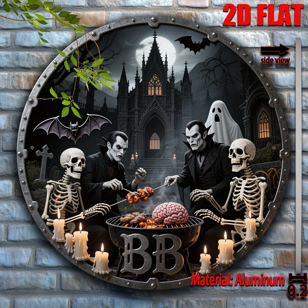 طباعة مسطحة ثنائية الأبعاد، قطعة واحدة من لافتة فنية جدارية معدنية بطابع مصاصي الدماء - لوحة زخرفية مستديرة من الألومنيوم مقاس 7.87 بوصة مع فنية قوطية، Skel #1