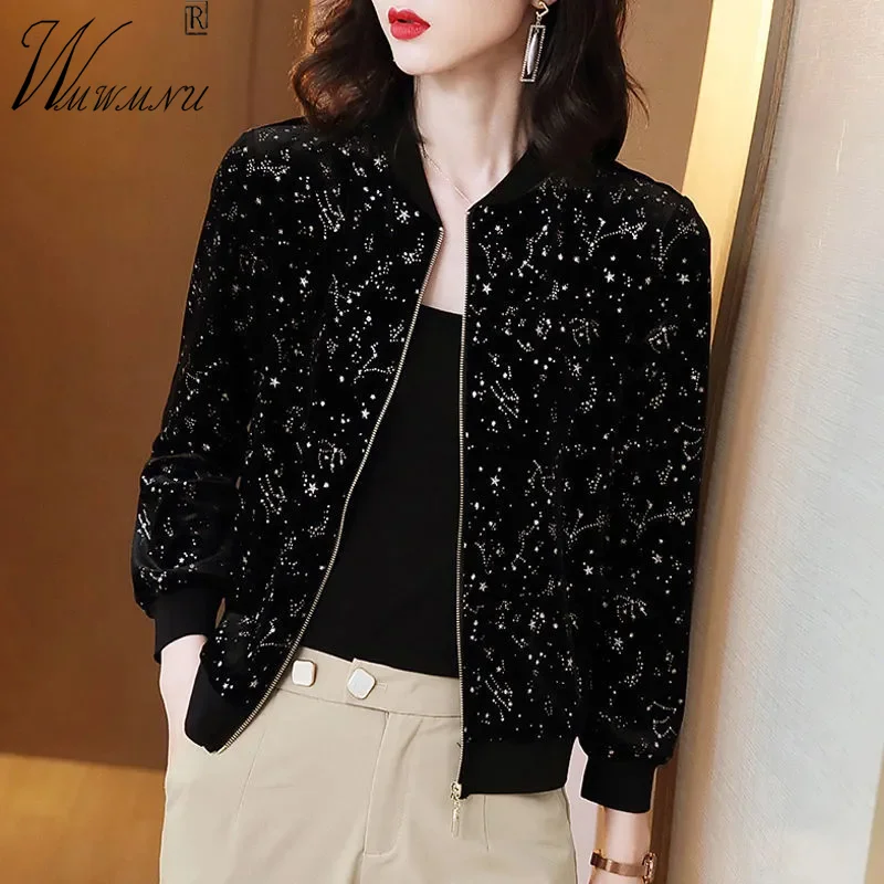 Elegant Black Chiffon Bomber Jackets Women Oversize 5xl Classic Print Short Chaquetas 2023 Spring Summer Thin Mom\'s Outerwear