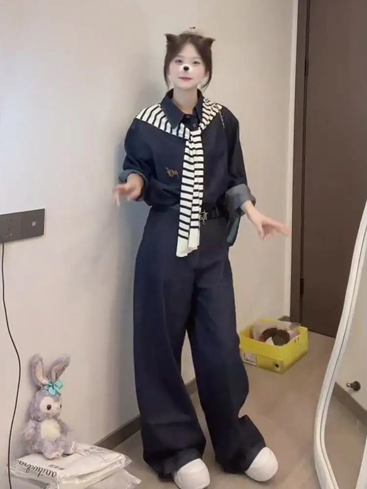 

Women's Ne Denim irt Set Long Sve Wide Leg Pants Autumn Early Outerwear awl Casual Sle Tee Piece Suit