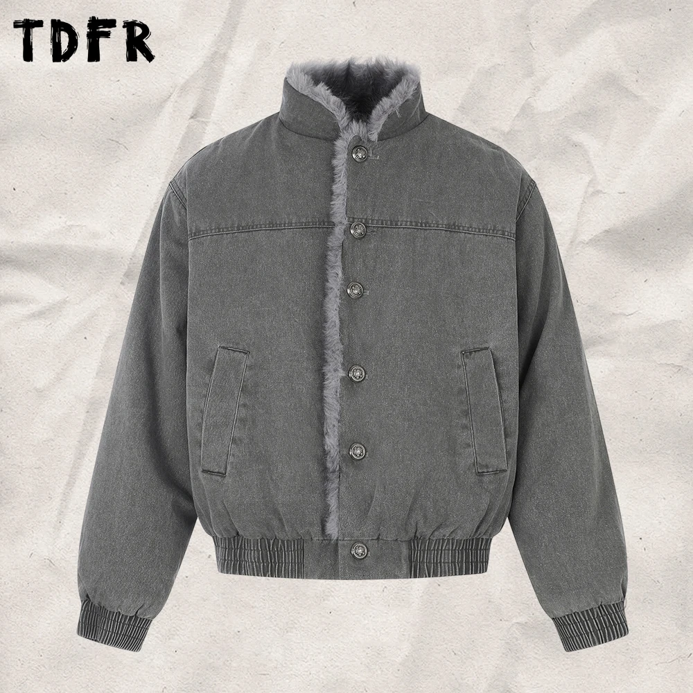 Retro Ma-1 Bomber Padded Jacket Mens Winter Single Breasted Long Sleeve Stand Collar Fleece Outerwear Man
