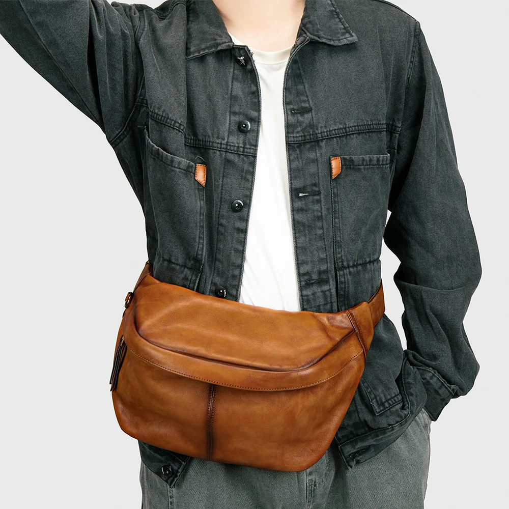 Big Size Leather Chest Bag Waist Pouch Real Cowhide Chest Pack Real Cowhide Crossbody Sling Bags Outdoor Men Fanny Pack