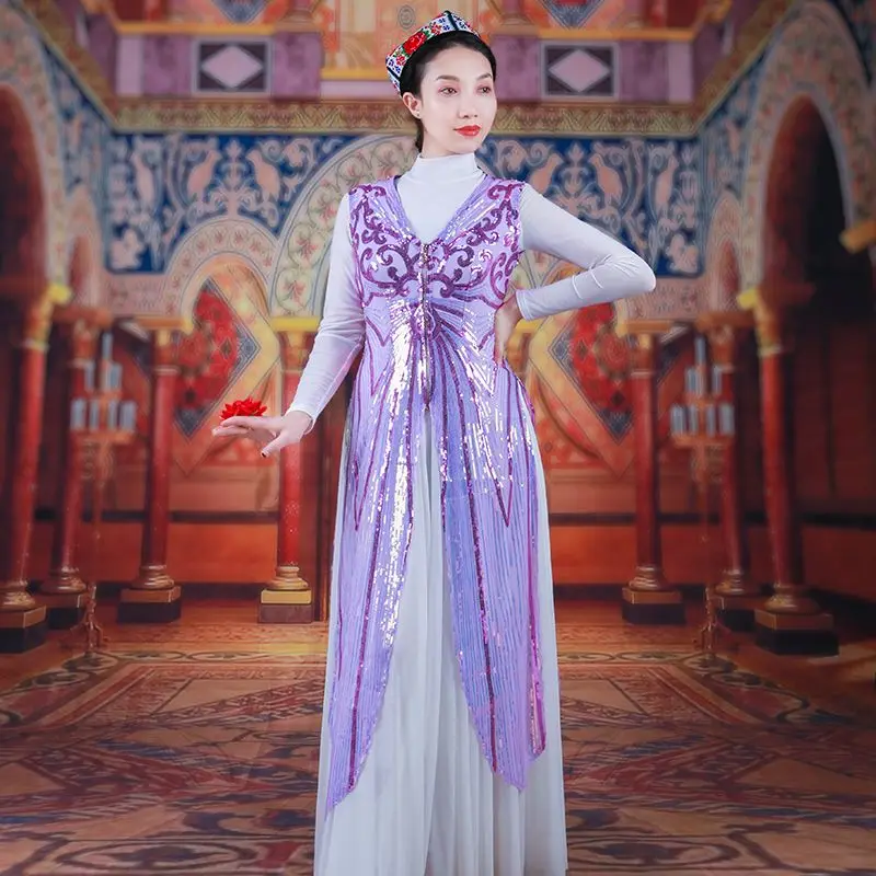 Roupa de dança uigur feminina, colete longo de lantejoulas, estilo étnico, performance xinjiang, novo verão