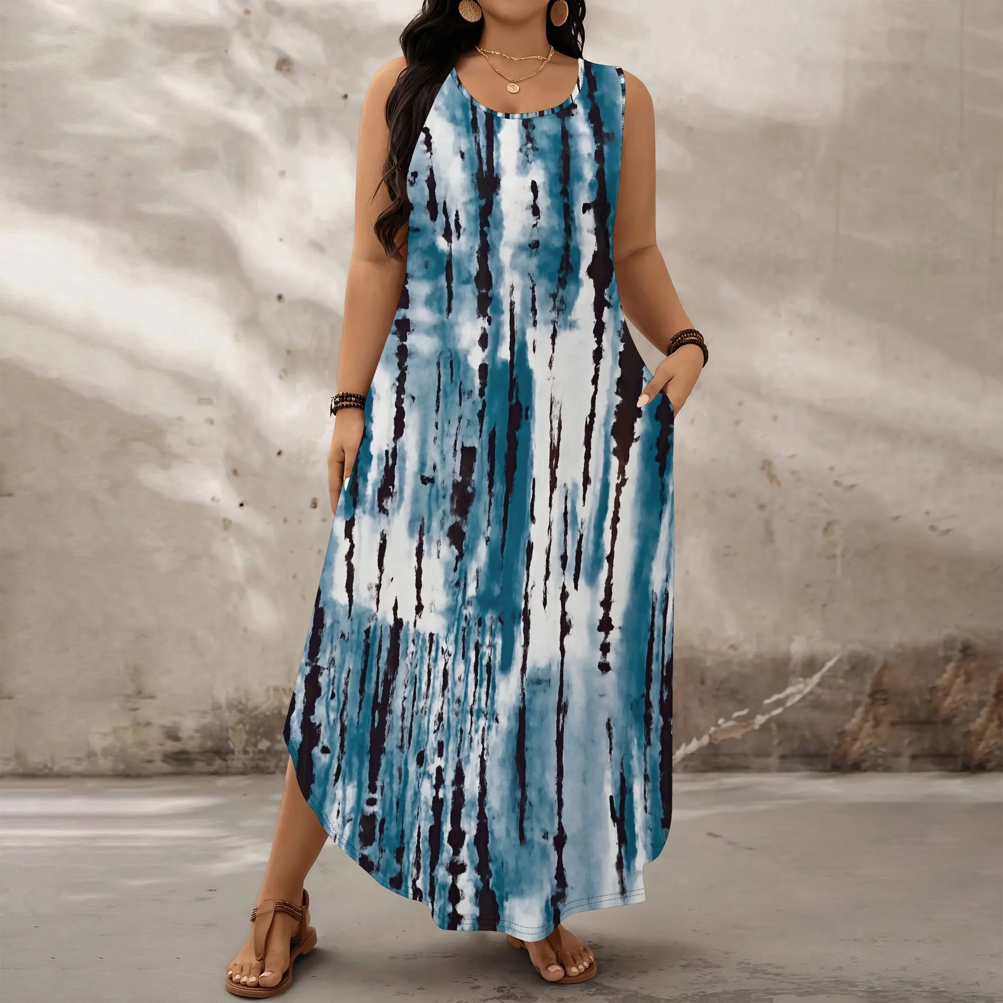 

Blue Tie Dye Print Plus Size Dress XL‑6XL Sleeveless Loose Fit Maxi Style for Beach, Music Festival or Summer Street Look