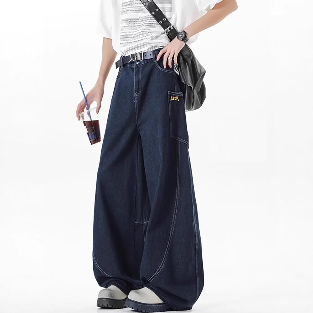 American retro big pocket scimitar jeans men's straight loose wide legs mopping casual trousers