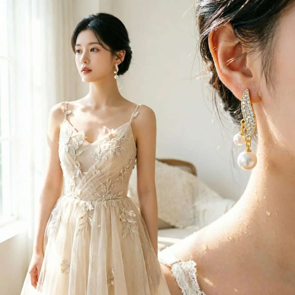 New Classic Elegant Imitation Double Pearl Dangle Earrings Women's Crystal Long Tassel Drop Earring Wedding Jewelry Gifts