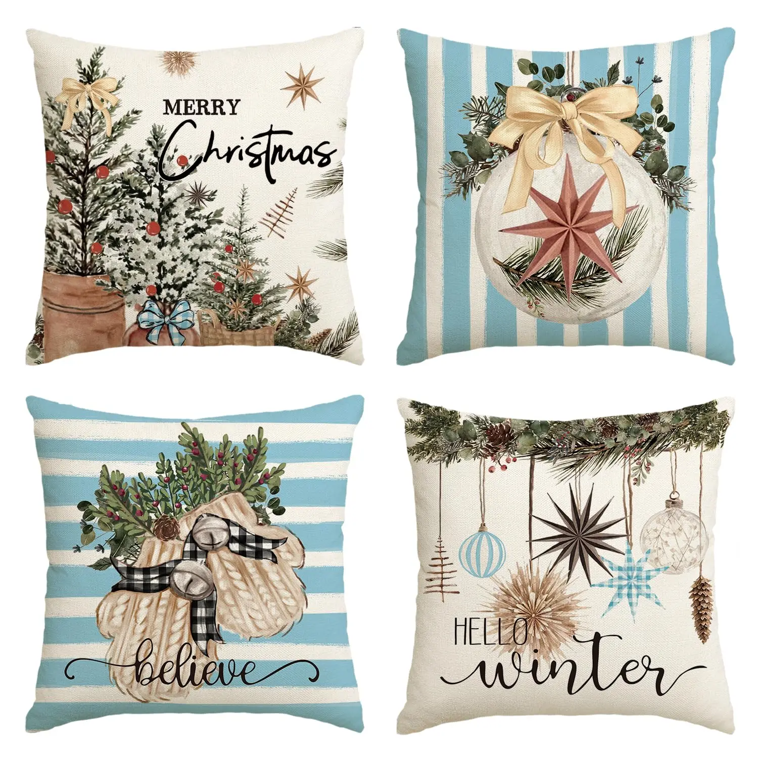 Merry Christmas Balls Eucalyptus Holly Berries Gloves Throw Pillow Covers,Xmas Winter Holiday Blue Stripes Cushion Case Set of 4