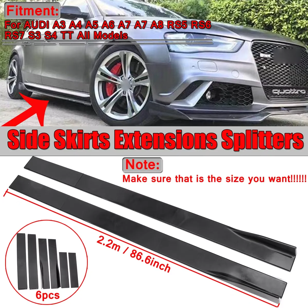 Une paire de séparateurs d'extensions de jupes latérales universelles de voiture noir brillant de 2.2m pour AUDI A3 A4 A5 A6 A7 pour LEXUS pour Subaru pour Mazda