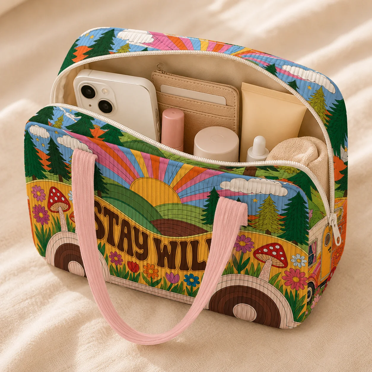 Travel Cosmetic Bag Retro Printed Makeup Organizer Portable Toiletry Case Stay Wild Handbag Beauty Storage Pouch for Vacation