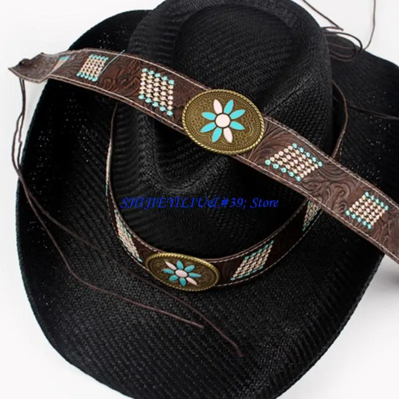 E21F Ethnic Embroidered PU Hat Band for Straw and Felt Fedoras Hats Panama Hat