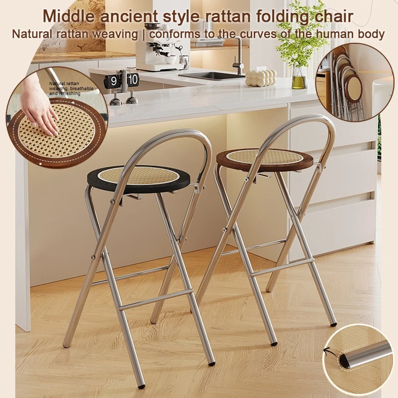 

Folding chair backrest chair folding high stool rattan woven high chair that can be stacked for home use antique style bar chair