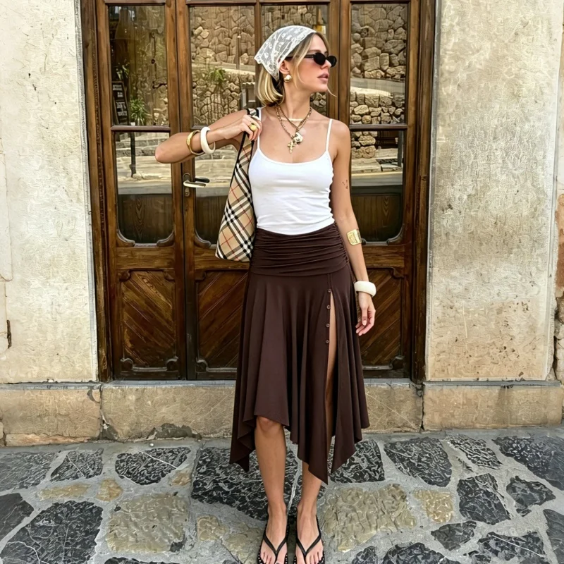 Hugcitar Modischer, hoch taillierter, geraffter Rock mit Schlitz und Knöpfen, sexy, plissiert, unregelmäßig, Midirock, Sommer-Outfit für Damen, Streetwear, Party, Urlaub – Detail 19