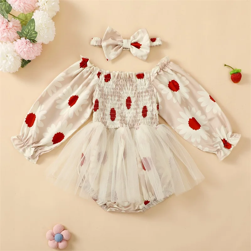 

Baby Girl 2Pcs Fall Outfits Long Sleeve Strawberry Floral Print Smocked Bodysuit with Headband Set Infant Clothes