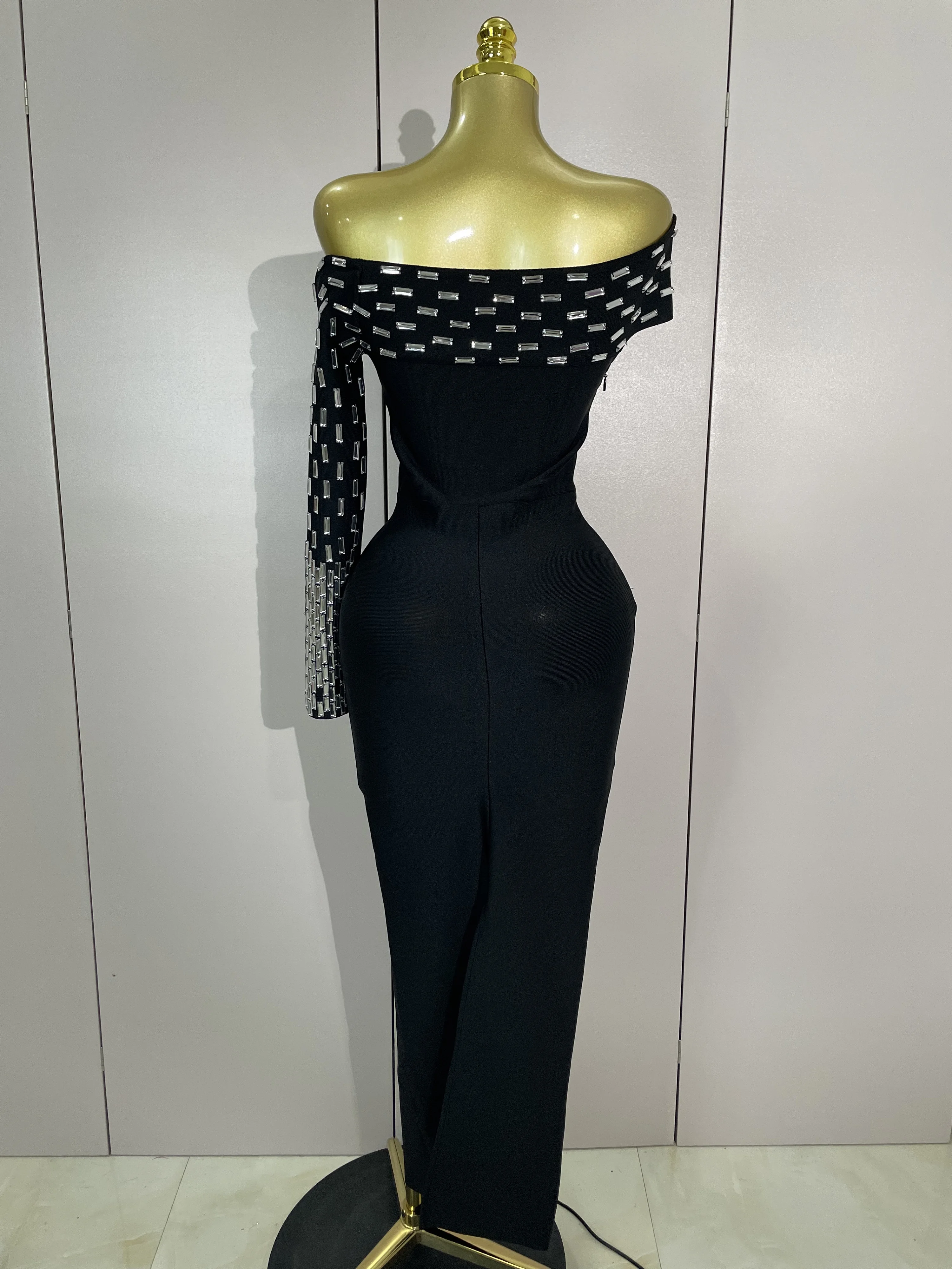 Sexy een schouder strass zwarte bandage lange jurk vrouwen elegante verjaardag vieren avond prom toga nacht cocktailjurken