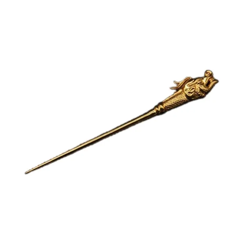 Ancient Handmade Chased Dragon Hairpin Antique Gold Plated Hanfu Accessory Adjustable Heirloom Statement Jewelry Gift for Women
