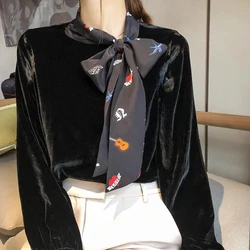 2024 Black Shirt with Velvet Bow High-end Base Fashionable and Stylish Small Shirt Long Sleeved Top Slimming Effect