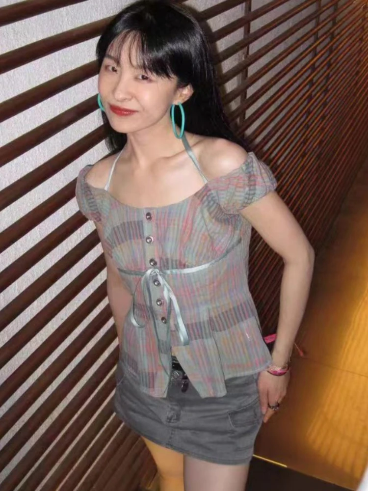 Vintage Contrast Color Y2k Aesthetic Plaid Shirt Fashion Bandage Bow Slim Blouse Streetwear Grunge Blusas Mujer De Moda