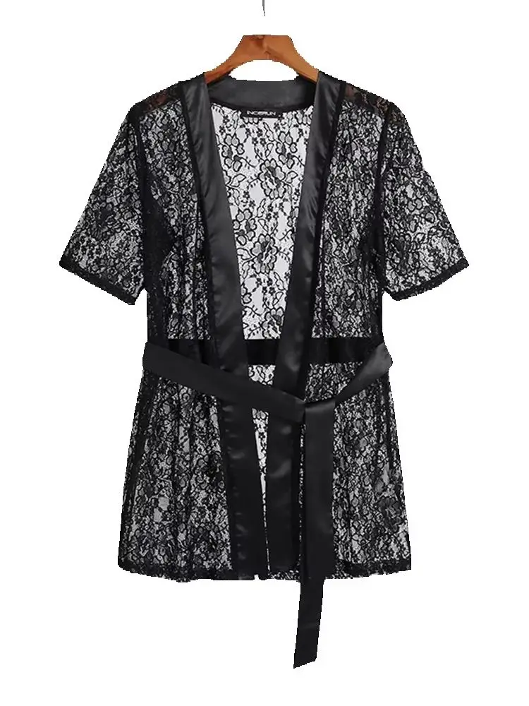 INCERUN Men Mesh Robes Lace See Through Short Sleeve Lace 2023 Sexy Bathrobes With Belt Leisure Men Nightgown Homewear S-5XL