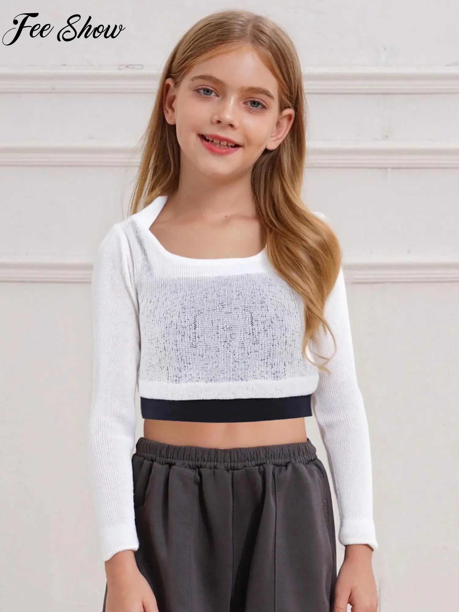 

Kids Dancewear Girls Long Sleeve See-Through Hooded Crop Top+Spaghetti Straps Camisole for Hip Hop Jazz Street Dance Performance