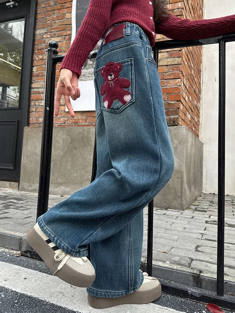

Girls Casual Wide Leg Jeans Autumn Winter Outerwear Cotton Stretch Denim Pants Spring Summer Loose Fit Long Trousers