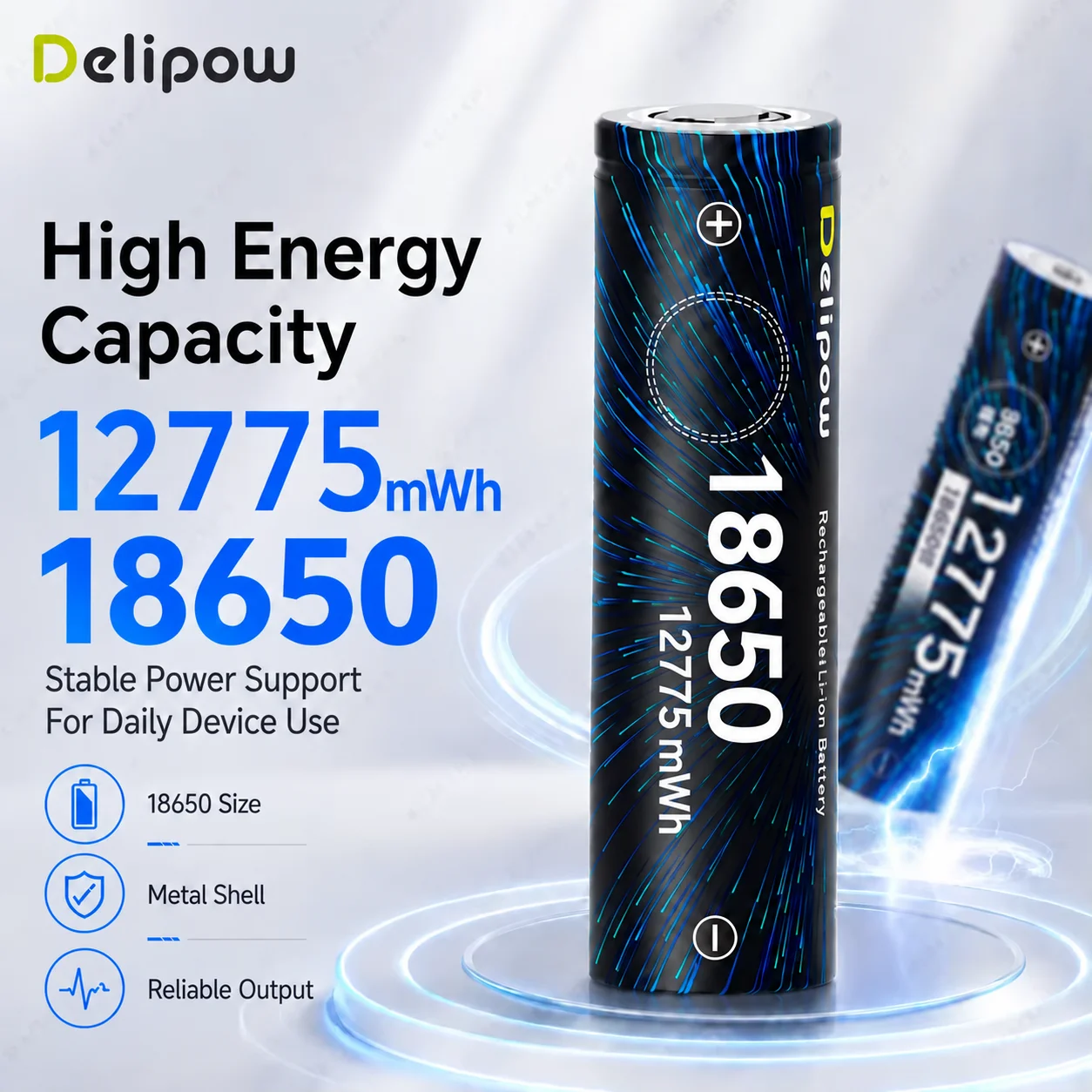 Vape Battery 18650 - Bateria Recarregável de Lítio Delipow18650 12775mWh,