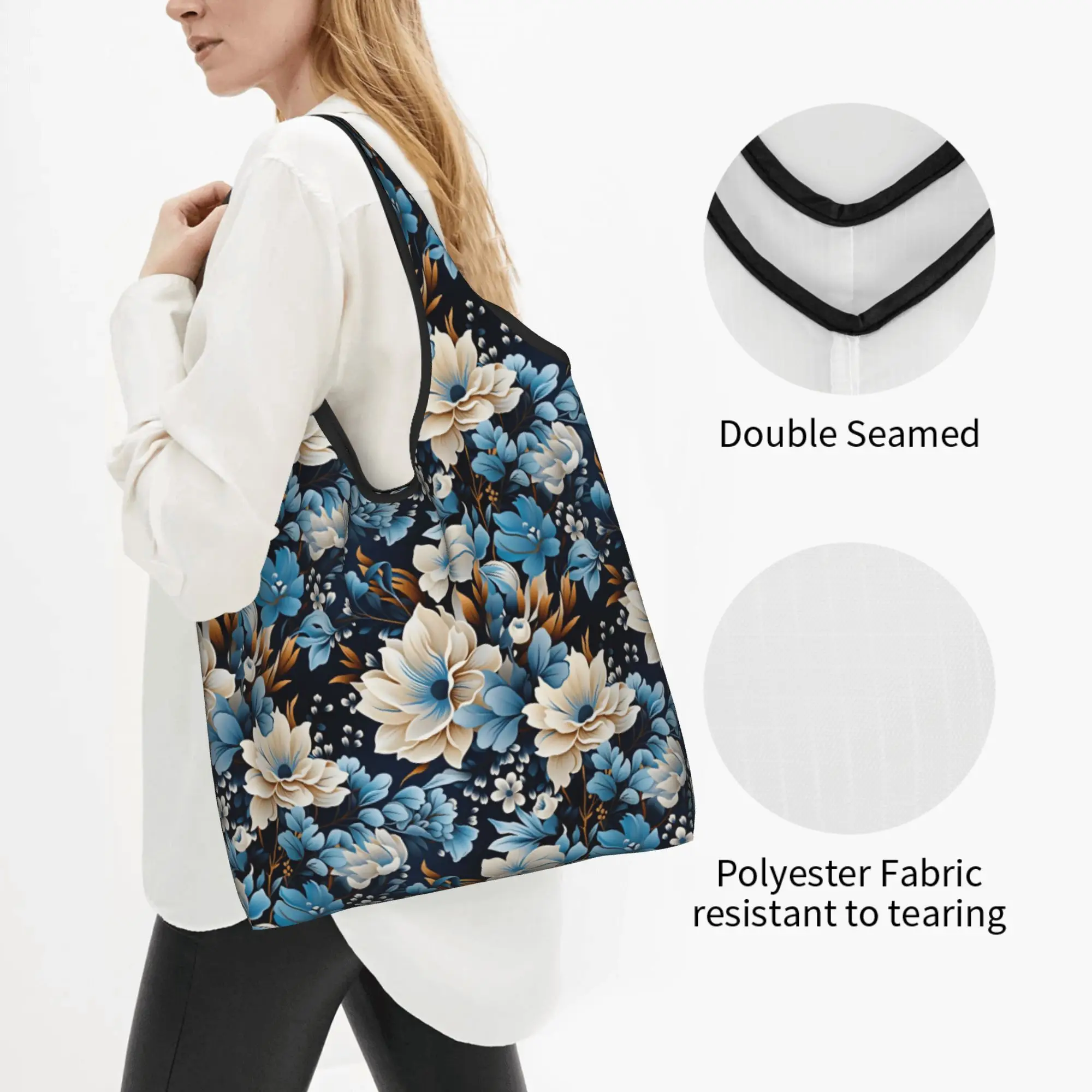 Reusable White And Blue Peony Flowers Shopping Bag Women Tote Bag Portable Serene Peony Fantasy Grocery Shopper Bags