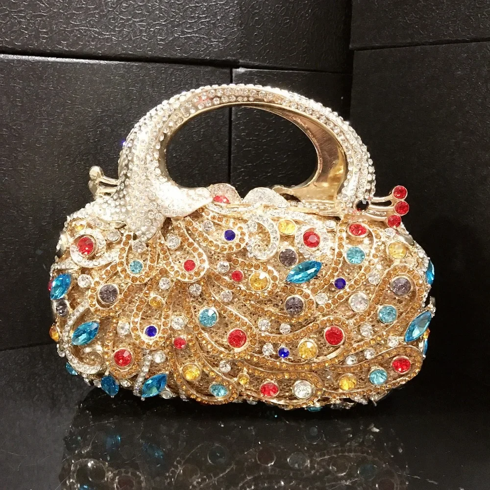 

XIYUAN Woman Phoenix Tail Wedding Party Bridal Diamond Stone Evening Clutches Bags Ladies Formal Dinner Banquet Crystal Handbag