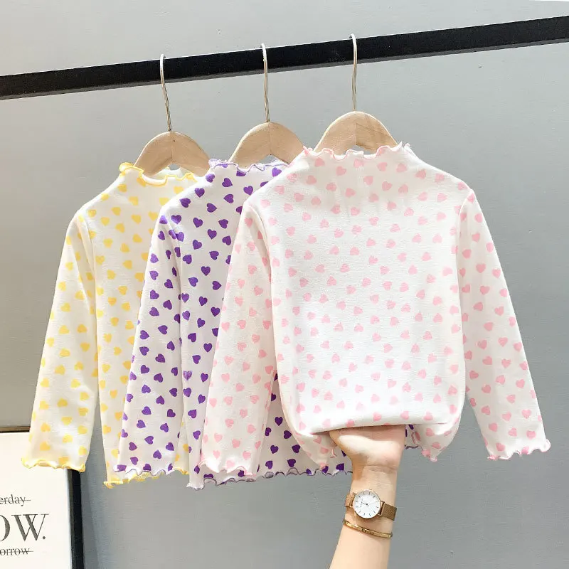 Girls' Long Sleeved Cartoon Love T-shirt with Half High Collar Curled Bottom Shirt for Girls' Inner Style Spring and Autumn