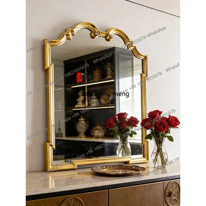 

French retro bathroom mirror wall hanging carved bathroom makeup European style, fireplace decorative mirror