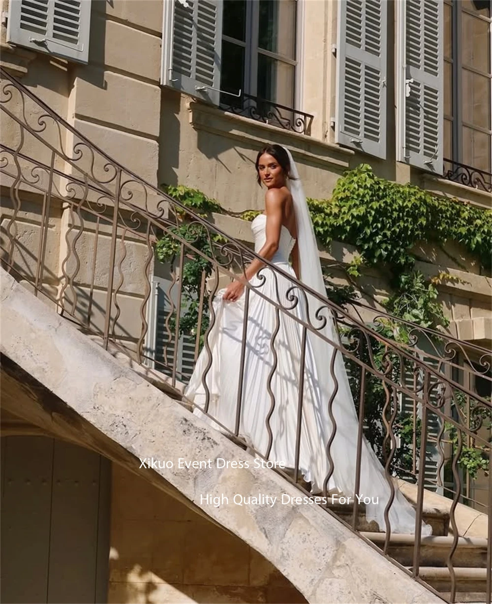 Xikuo فستان زفاف رومانسي على شكل حرف A فستان زفاف شيفون مطوي طول الأرض على شكل قلب بدون أكمام فيستدوس دي نوفيا مخصص