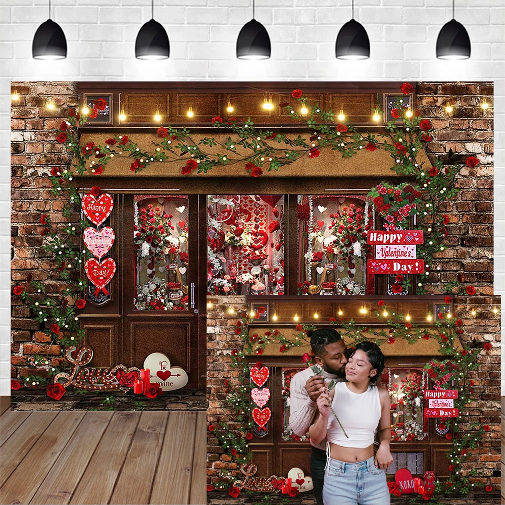 Retro Valentine's Day Romantic Party Photography Background Poster Love Shop Brick Wall Decoration Backdrop Wedding Studio Photo