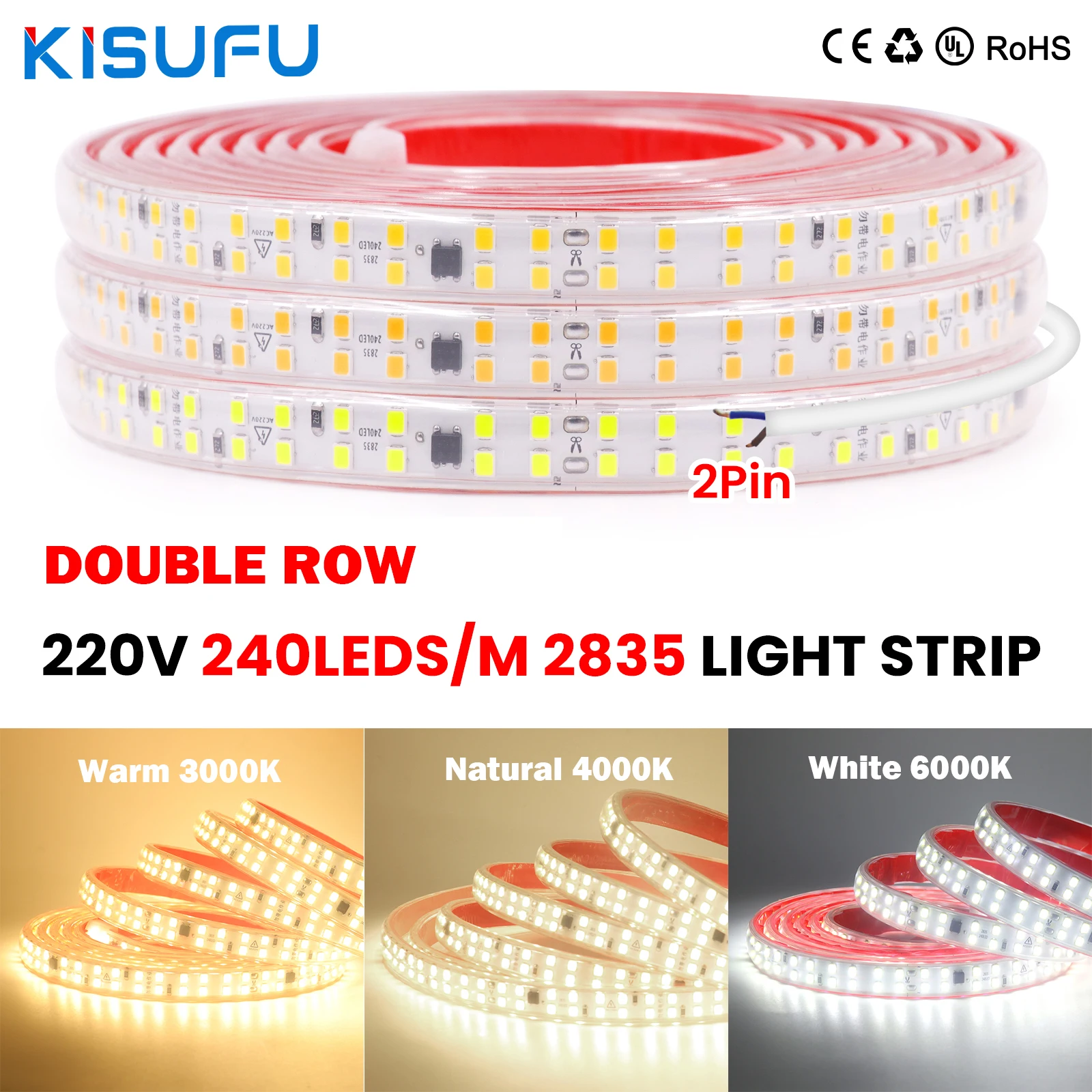 

AC 2835 LED Strip Light Dimmable 220V 120/240 LEDs/m High-end Flex Ribbon Led Tape Outdoor Diode Tape Adhesive 3000K-6000K 1/40M