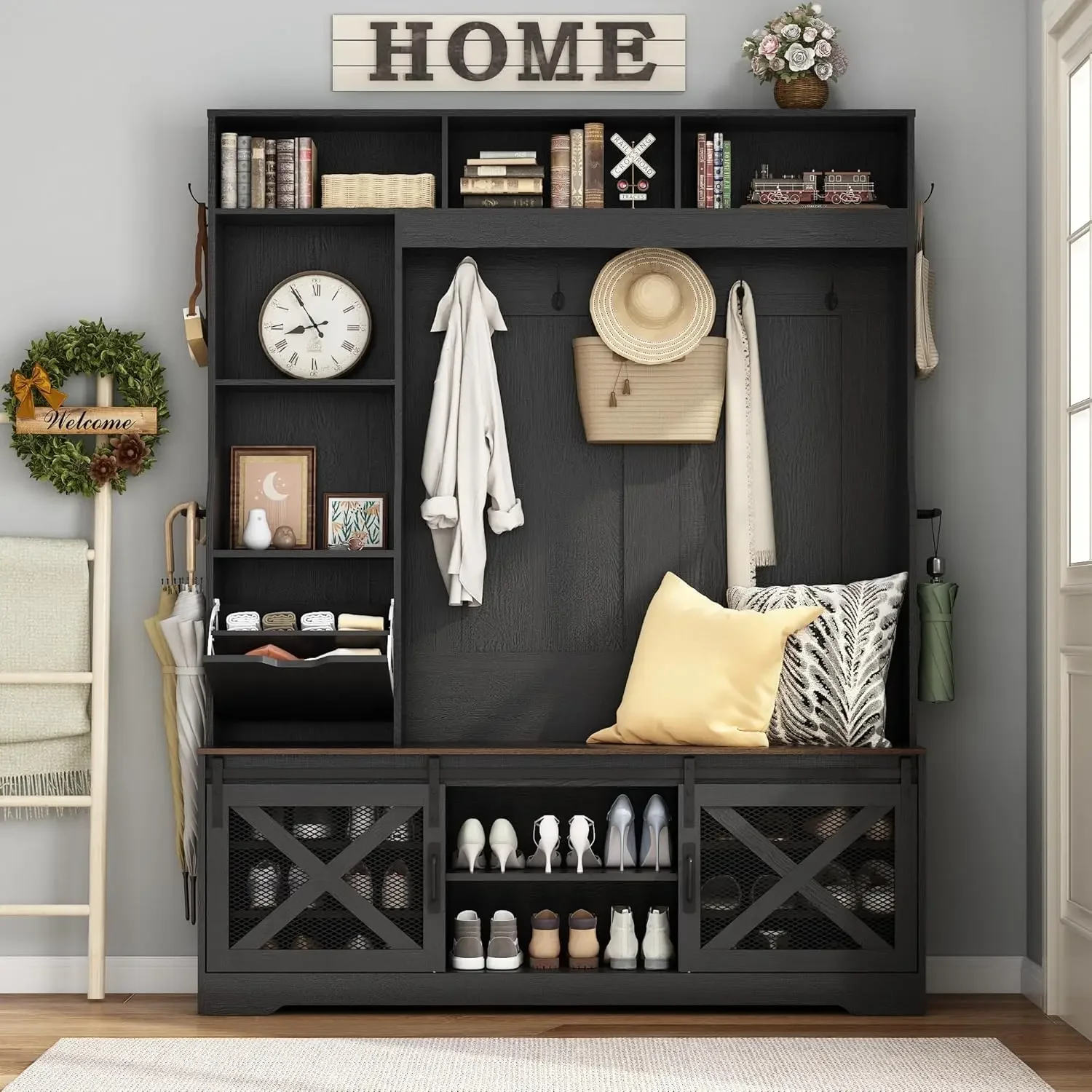 [Discounted Price!Free Shipping!]75''H LED Farmhouse Hall Tree with Bench and Shoe Storage,Entryway Bench with Coat Rack,16 Shoe