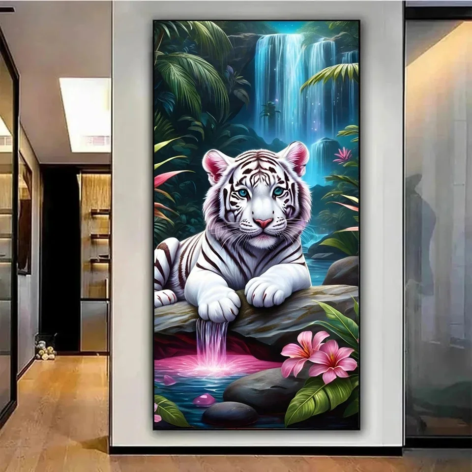 2025 Diamond Art Painting Large Size Cute Tiger Flowers Full Square Round Diamond Mosaic Waterfall Scenery Home Decoration