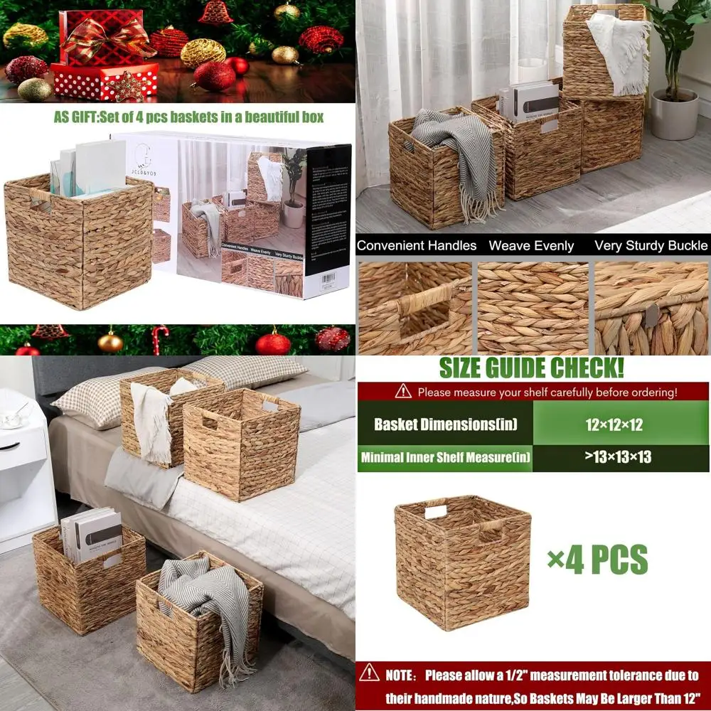 

12x12in Storage Baskets Set of 4 Water Hyacinth Baskets,Foldable Handwoven Storage Cubes,Wicker Cube Baskets Laundry Organizer T
