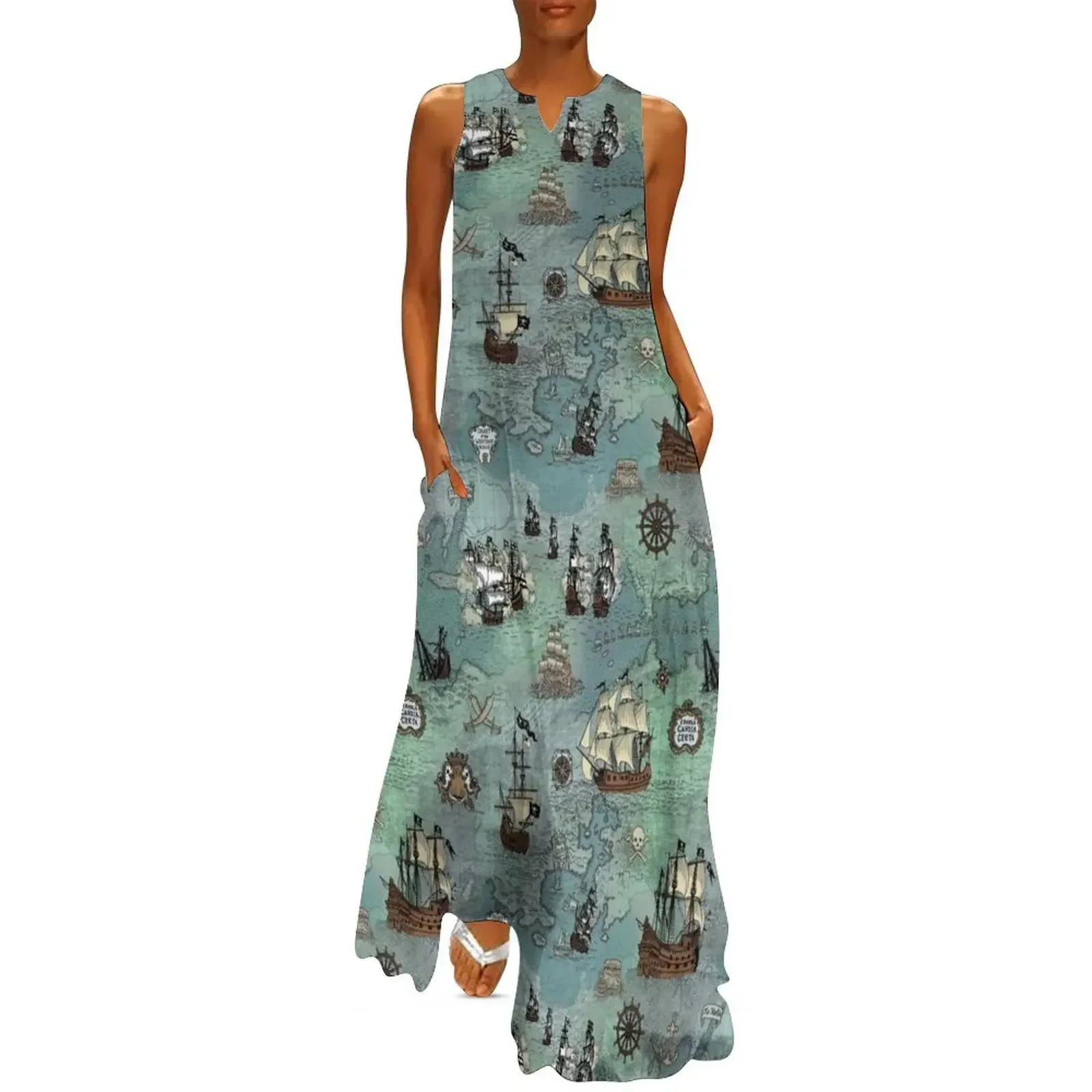

Pirate Map Nautical Sea Print Ocean Blue & Sea Glass Green Long Dress Woman dresses summer dress evening dresses ladies Dress
