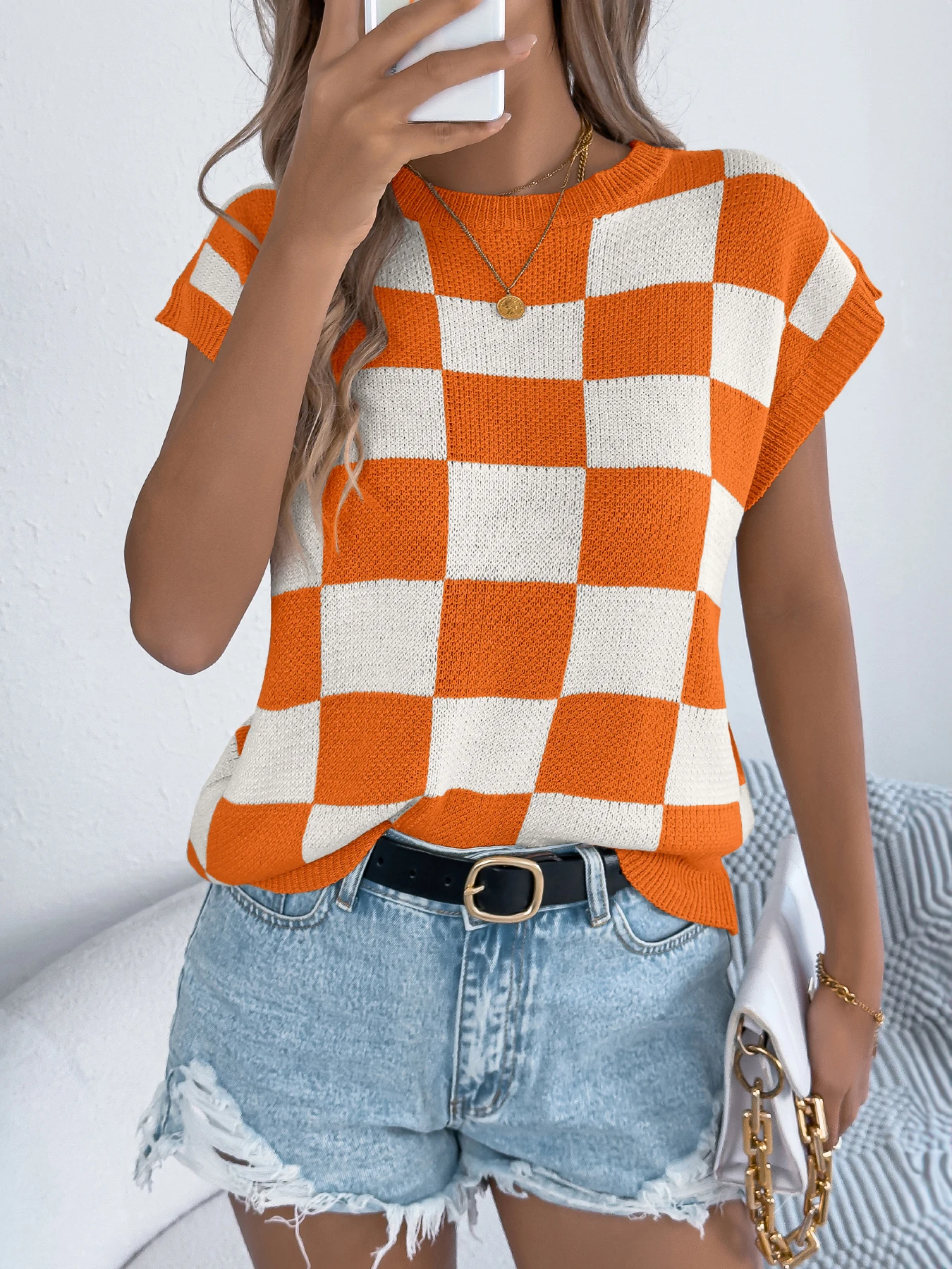 Women's Batwing Sleeve Plaid Pullover Knit Top Color Block Round Neck Beach Cover Up Lightweight Summer Vacation