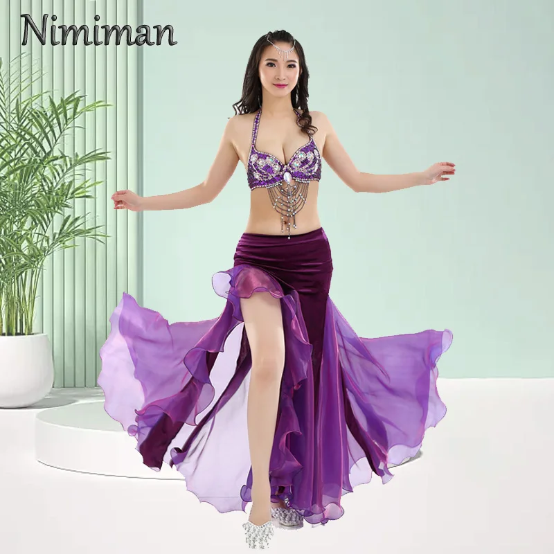 

Belly Dance Skirt Ladies Fashion Split Wave Skirt/Bra+Waist Chain+Skirt 3PC Goddess Clothing Performance Dance Evening Dress