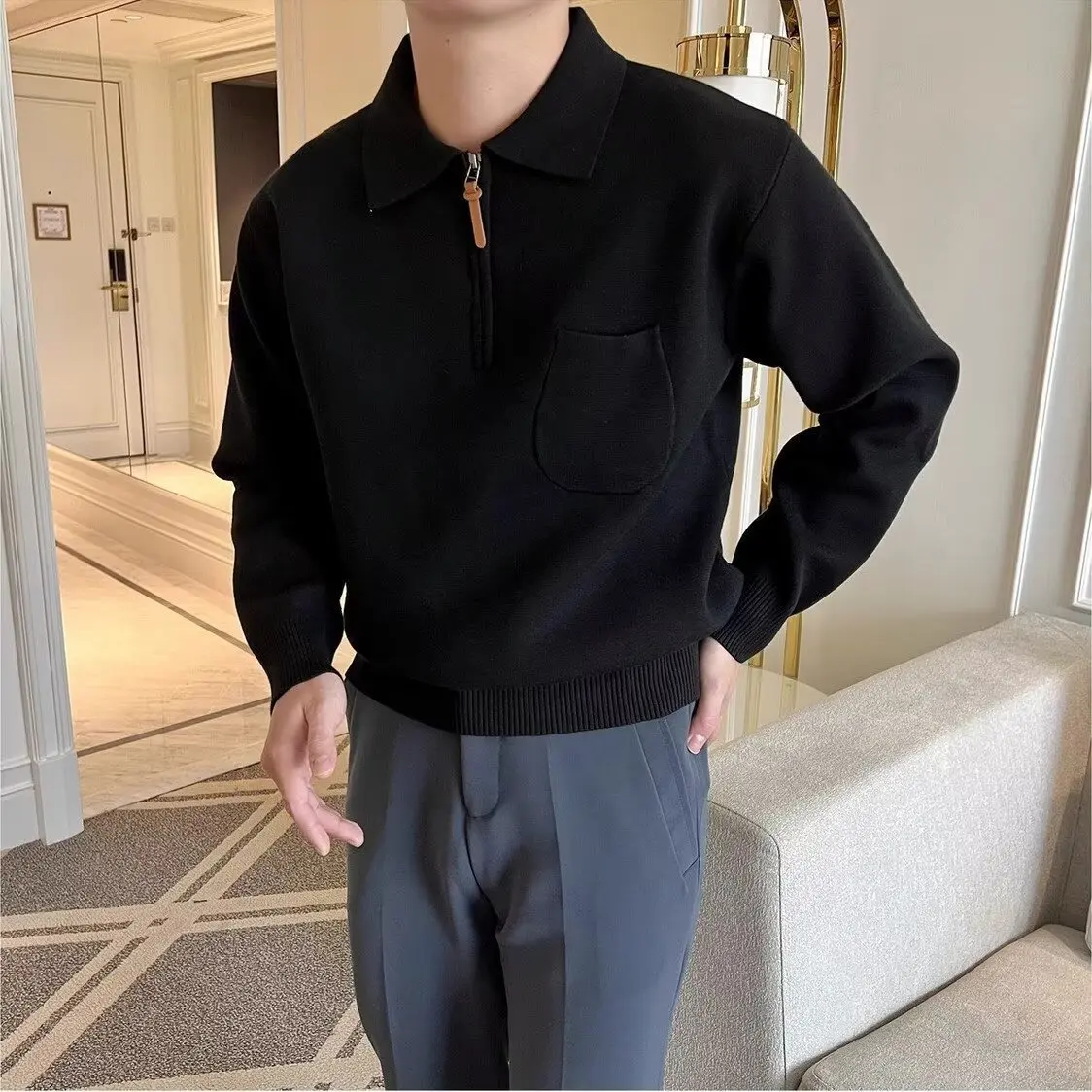 Men Black White Green Solid Color Turn-down Collar Long Sleeve Half Zipper Loose Simple Basic Casual Trendy Knitted Pullovers